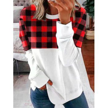 

Plaid Print Panel T Shirt Long Sleeve T Shirt Slit Round Neck Casual Tee, Red