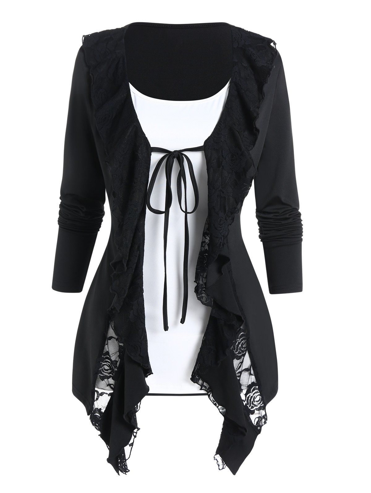 Contrast Colorblock Tee Frilled Flower Lace Panel Long Sleeve Faux Twinset T Shirt - BLACK L