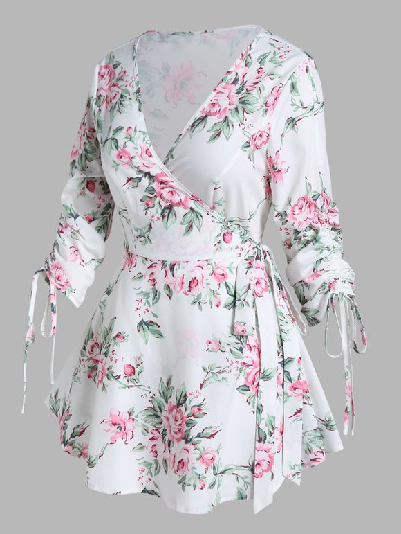 Plus Size T Shirt Wrap T Shirt Flower Leaf Print Cinched Tied Plunge Neck Casual Tee - WHITE 5X