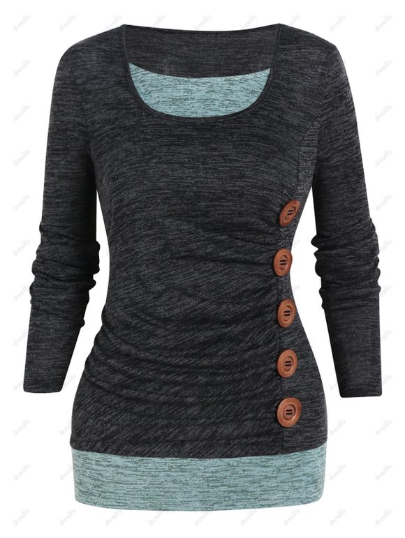 T-shirt Décontracté Teinté Contrasté Boutonnée en Blocs de Couleurs à Manches Longues Faux Deux Pièces - Gris Foncé XXL
