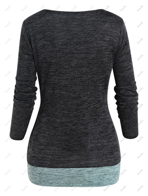 T-shirt Décontracté Teinté Contrasté Boutonnée en Blocs de Couleurs à Manches Longues Faux Deux Pièces - Gris Foncé XXL