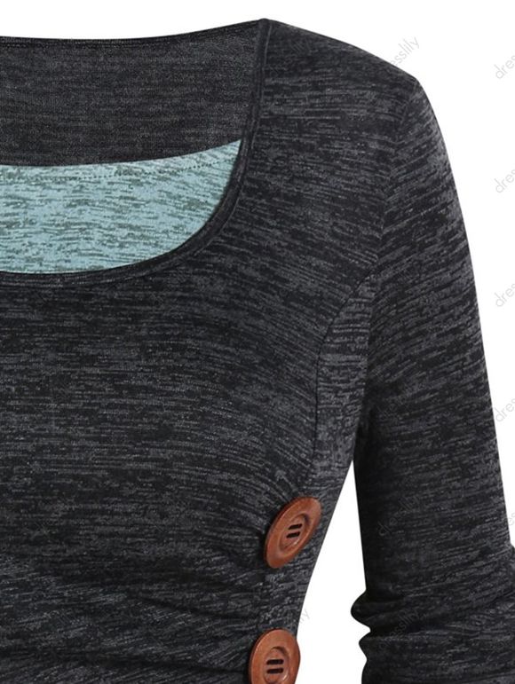T-shirt Décontracté Teinté Contrasté Boutonnée en Blocs de Couleurs à Manches Longues Faux Deux Pièces - Gris Foncé XXL
