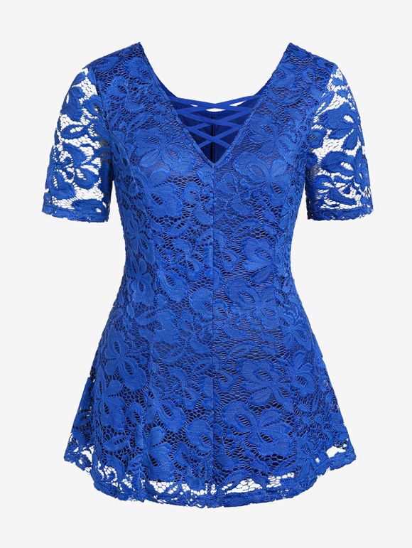 Plus Size Criss Cross Lace Plunge T Shirt - BLUE L