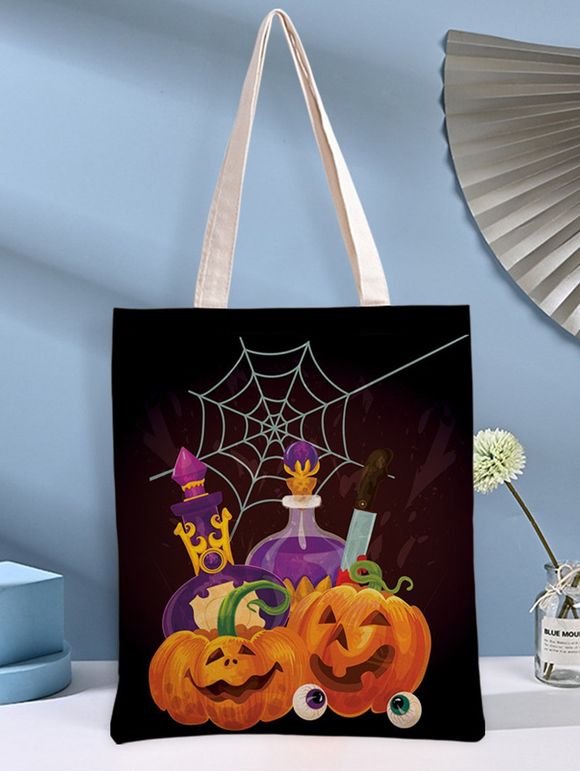 Sac de Courses D'Halloween à Imprimé Toile D'Araignée Citrouille en Toile - multicolor B 