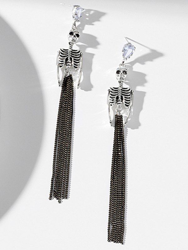 Boucles D'Oreilles Pendantes Motif Squelette avec Pompons pour Halloween Style Gothique - Argent 