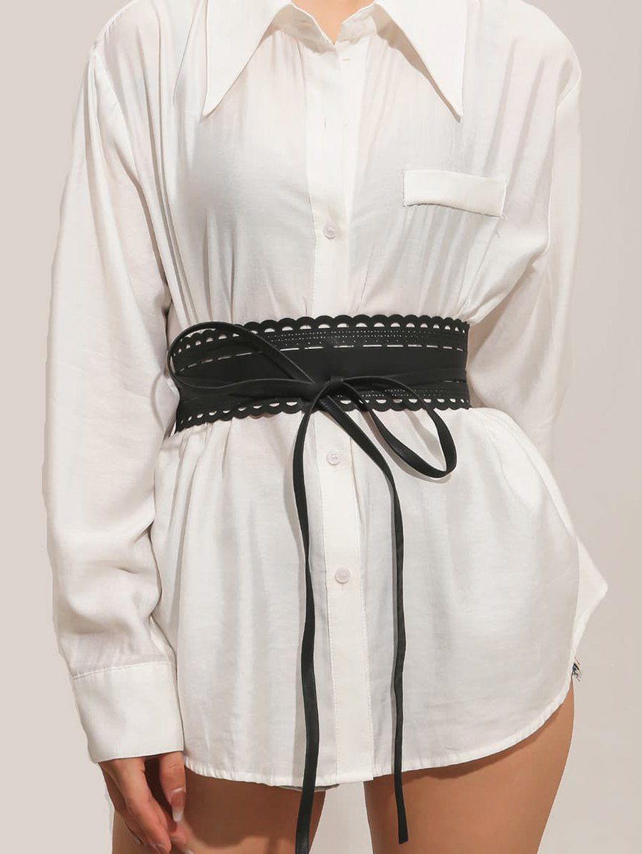 Decorative Shirt Dress Hollow Out Floral Faux Leather Tied Wide Waist Belt - BLACK 