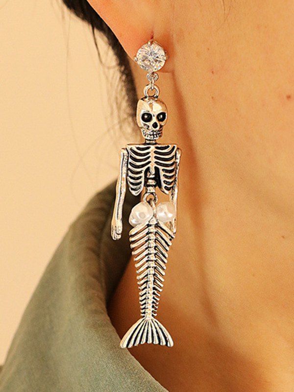 Boucles D'Oreilles Squelette Pendantes en Perle Artificielle - Argent 