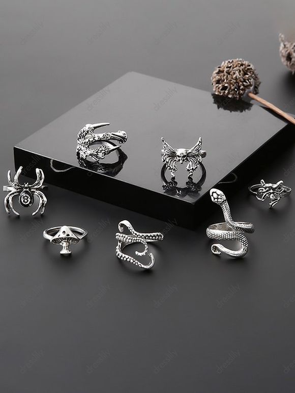 7 Pièces Ensemble de Bagues Motif Champignon Crâne et Serpent - Argent RING SET
