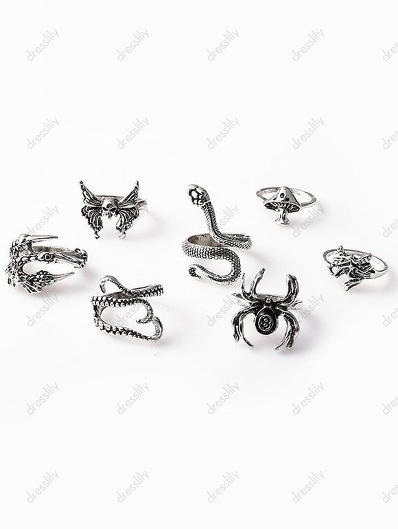 7 Pièces Ensemble de Bagues Motif Champignon Crâne et Serpent - Argent RING SET