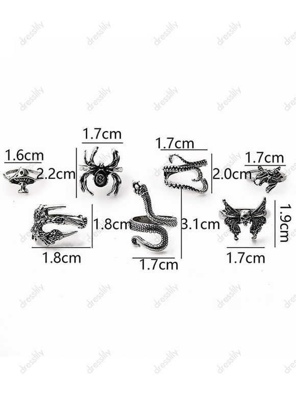 7 Pièces Ensemble de Bagues Motif Champignon Crâne et Serpent - Argent RING SET