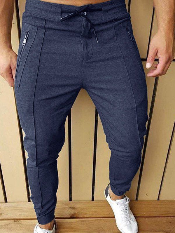 Pantalon Cargo de Couleur Unie avec Cordon de Serrage à la Taille et Poches à Fermetures Éclair - Bleu 3XL