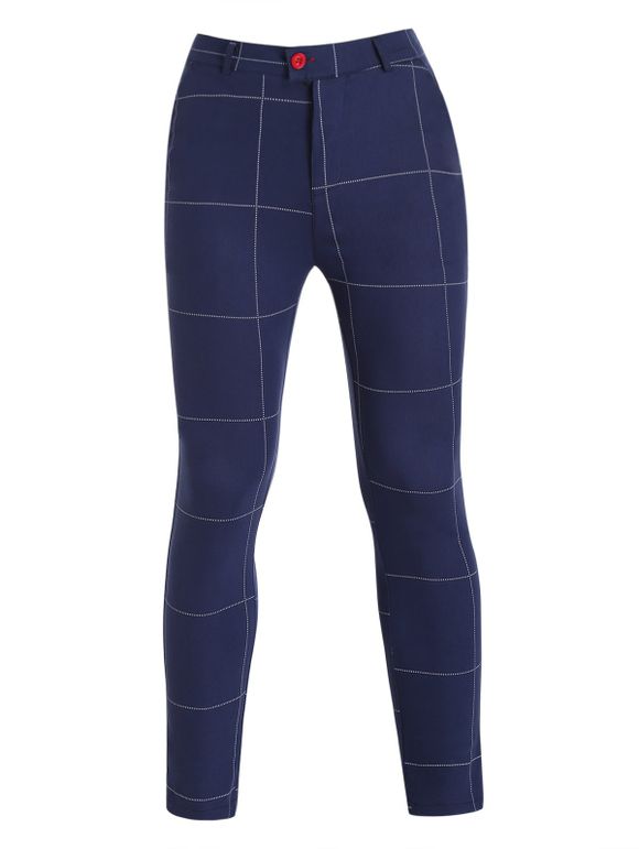 Pantalon Décontracté Long à Carreaux Imprimé Partout avec Bouton à Braguette Zippée - Bleu XL