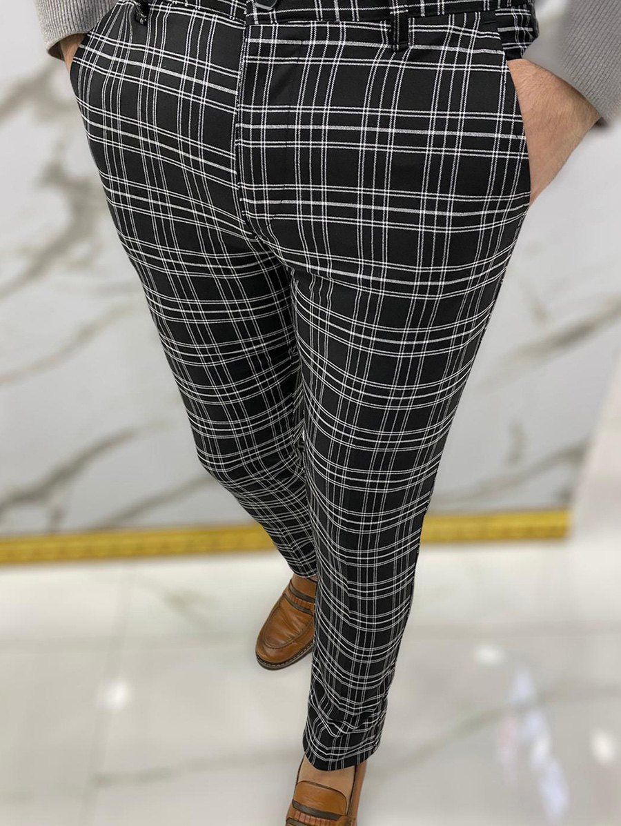 Pantalon Décontracté Long à Carreaux Imprimé Jambe Droite avec Poches à Braguette Zippée - Noir XL