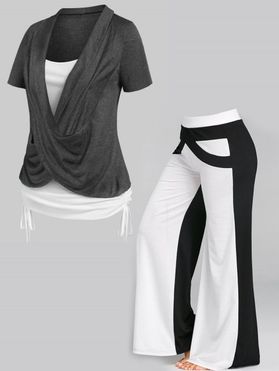 Plus Size Colorblock Crossover Cinched Short Sleeve Faux Twinset T-shirt And High Waist Wide Leg Pants Outfit