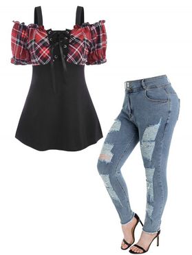 Plaid Print Lace Up Cold Shoulder Puff Sleeve T-shirt And Ripped High Waist Jeans Plus Size Outfit