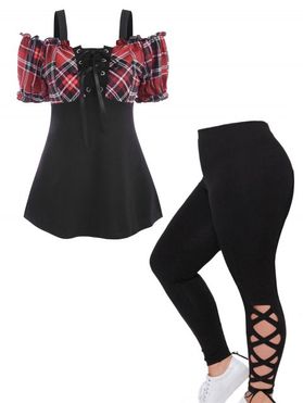 Lace Up Plaid Print Cold Shoulder Puff Sleeve Ruffles T-shirt And High Waist Skinny Leggings Plus Size Outfit