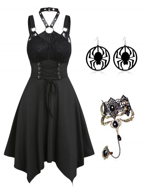 Gothic Outfit Flower Lace Insert Lace-up Halter Asymmetric Gothic Dress And Skull Earrings Bracelet Set
