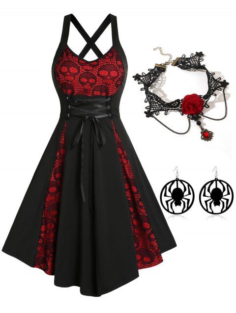 Halloween Outfit Skull Pattern Lace Insert Lace-up Gothic Godet Dress And Choker Necklace Earrings Set