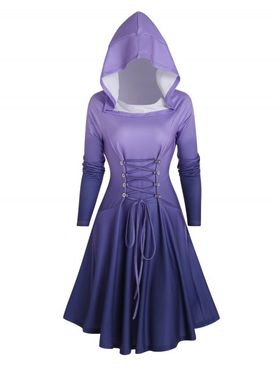 Ombre Print Hooded Dress Lace Up High Low Dress Raglan Sleeve Mini Dress