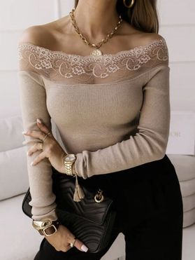 Off The Shoulder Knit Top See Thru Flower Lace Panel Long Sleeve Knitted Top