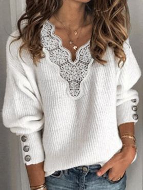Sheer Lace Trim V Neck Knitwear Drop Shoulder Mock Button Long Sleeve Knit Top