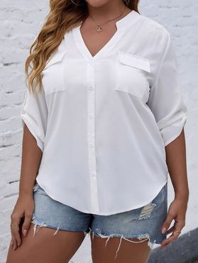 Plus Size Shirt Solid Color Front Pocket Stand Collar V Notch Ruched Shirt