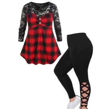 

Plus Size Flower Lace Panel Plaid Print Grommet T Shirt And Lace Up Leggings Vintage Outfit, Multicolor
