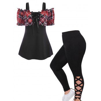

Lace Up Plaid Print Cold Shoulder Puff Sleeve Ruffles T-shirt And High Waist Skinny Leggings Plus Size Outfit, Black