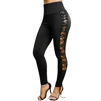 

Skinny Leggings Lace Up Grommet Floral Lace High Elastic Waist Casual Leggings, Black