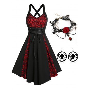 

Halloween Outfit Skull Pattern Lace Insert Lace-up Gothic Godet Dress And Choker Necklace Earrings Set, Black