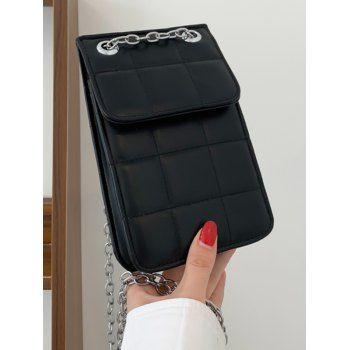

Solid Color Rhombus Topstitching Rectangle Magentic Closure PU Crossbody Bag, Black