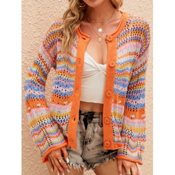 

Colored Crochet Sweater Long Sleeve Hollow Out Button Up Sweater, Dark orange