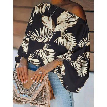 

Skew Collar Blouse Tropical Leaf Print Loose Raglan Sleeve Blouse, Black