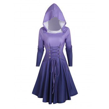 

Ombre Print Hooded Dress Lace Up High Low Dress Raglan Sleeve Mini Dress, Purple