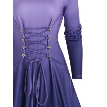 Ombre Print Hooded Dress Lace Up High Low Dress Raglan Sleeve Mini Dress