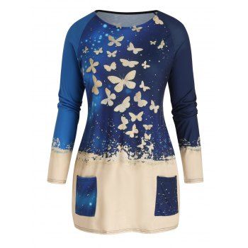 

Plus Size & Curve Tee Butterfly Half And Half Print Long Tunic T-shirt Raglan Sleeve Pocktes T Shirt, Deep blue