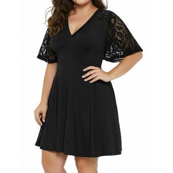 

Plus Size Dress Solid Color Flower Lace Panel Empire Waist A Line Mini Dress, Black