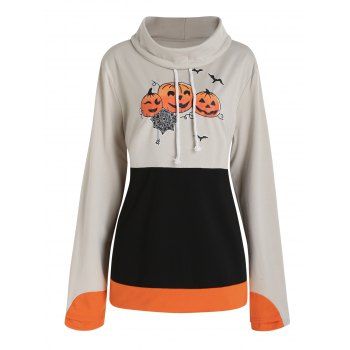 

Contrast Colorblock Sweatshirt Pumpkin Spider Web Bat Print Drawstring Long Sleeve Halloween Sweatshirt, Light coffee