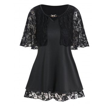 

Sheer Flower Lace Overlay Short Sleeve Tee Metal Chain Heart Keyhole Lace Trim T-shirt, Black