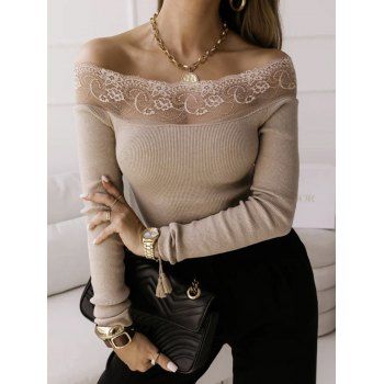 

Off The Shoulder Knit Top See Thru Flower Lace Panel Long Sleeve Knitted Top, Light coffee