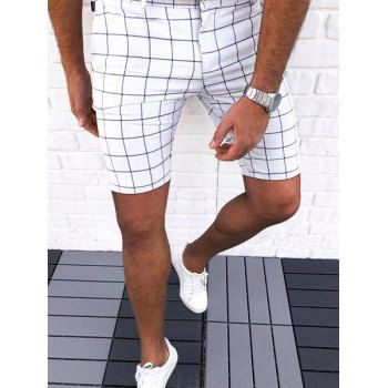 

Allover Grid Print Shorts Zip Fly Button Casual Bermuda Shorts, White