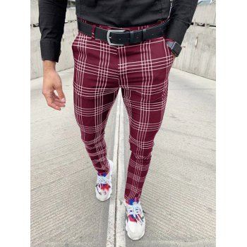 

Plaid Print Pants Zipper Fly Pants Casual Pockets Long Pants, Red