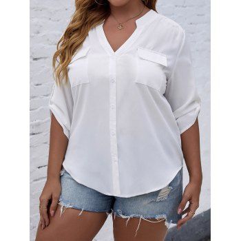 

Plus Size Shirt Solid Color Front Pocket Stand Collar V Notch Ruched Shirt, White