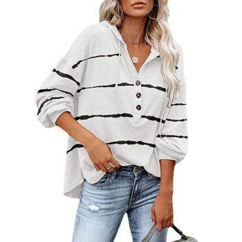 

Contrast Stripe Print Drop Shoulder Half Button Drawstring Hoodie, White