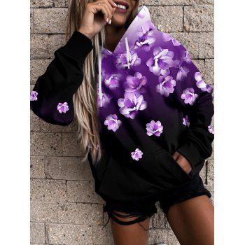 

Ombre Flower Print Hoodie Drawstring Kangaroo Pocket Long Sleeve Pullover Hoodie, Purple