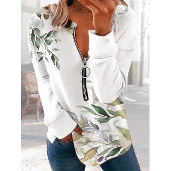 

Leaf Print Sweatshirt Half Zipper Sweatshirt Long Sleeve Casual Sweatshirt, White