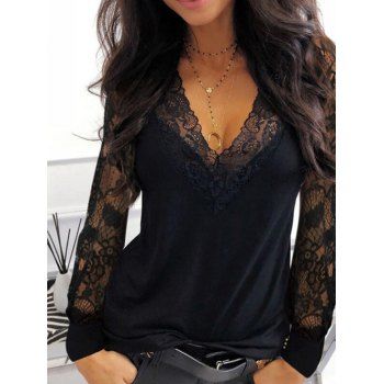 

Sheer Flower Lace Panel T-shirt V Neck Long Sleeve Tee, Black