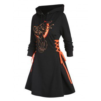 

Gothic Hoodie Dress Cat Hat Moon Print Lace Up Long Sleeve A Line Mini Dress, Black