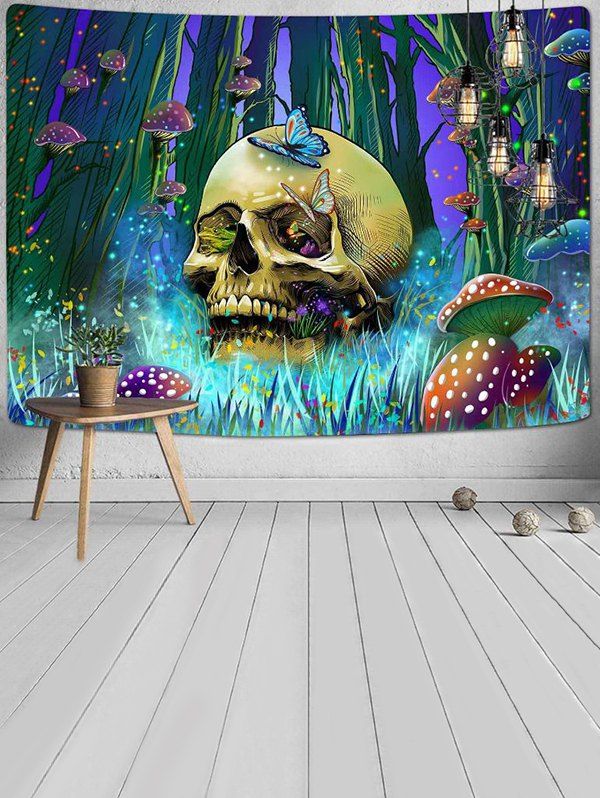 Halloween Skull Mushroom Butterfly Print Hanging Wall Tapestry - multicolor 
