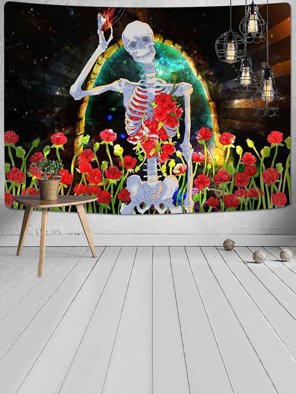 Halloween Skeleton Flower Print Wall Decoration Hanging Tapestry - multicolor 